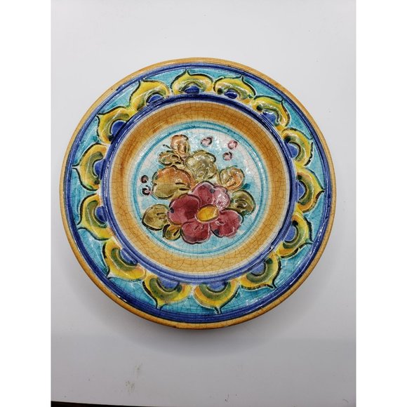 Vintage Signed GRAFFITO DIPINTO A MANO Hand Made Italian Ceramic Blue Yellow Ora - Picture 9 of 11